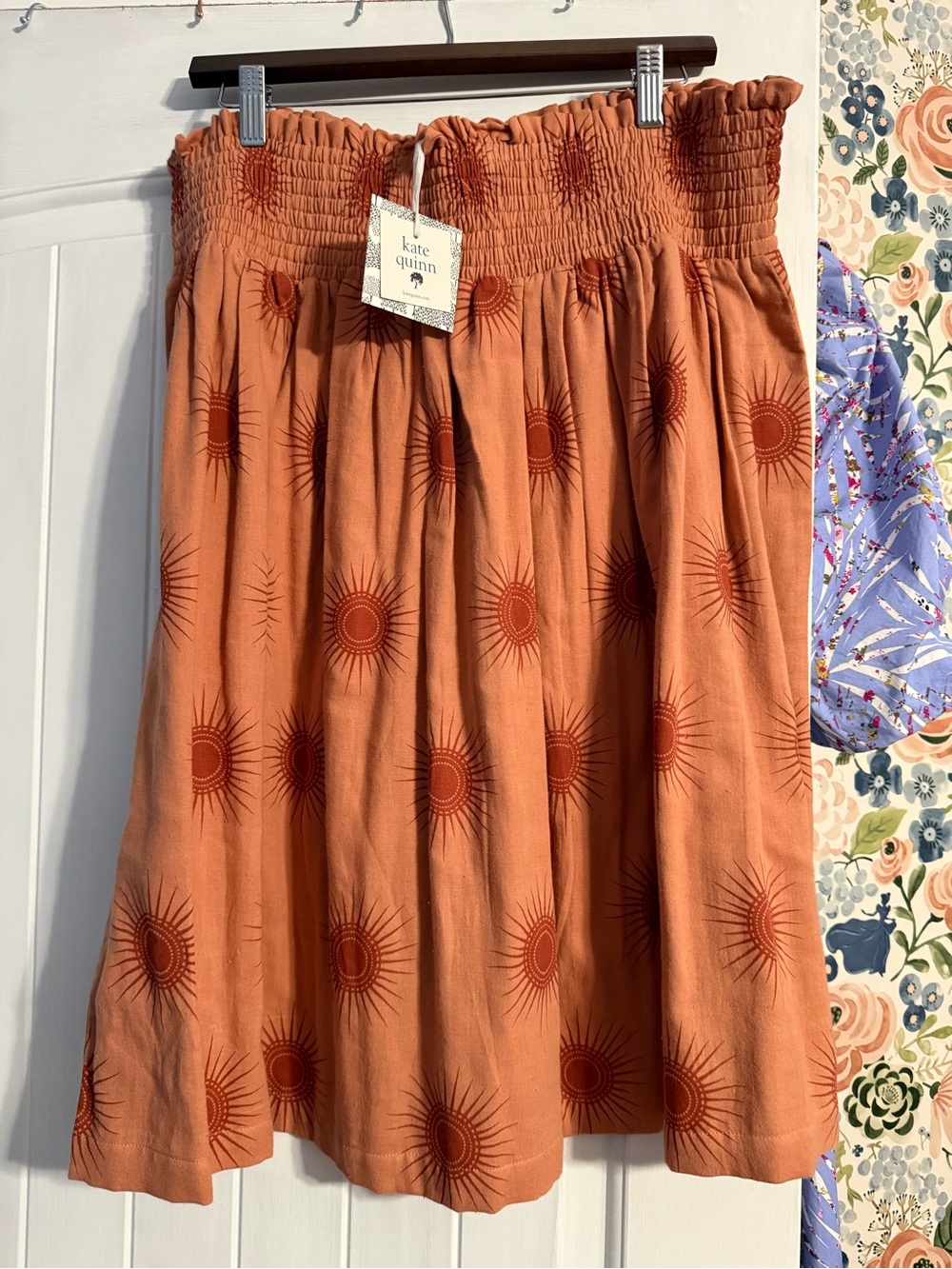 kate quinn Rust Sunburst Smocked-Waist Midi Skirt